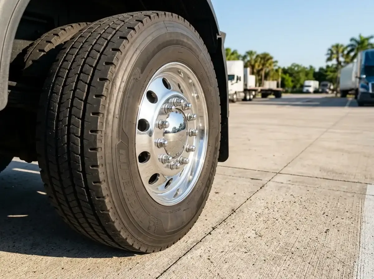 Close-up of a semi-truck's polished chrome wheel and tire at a truck storage facility near Winter Haven, Florida.